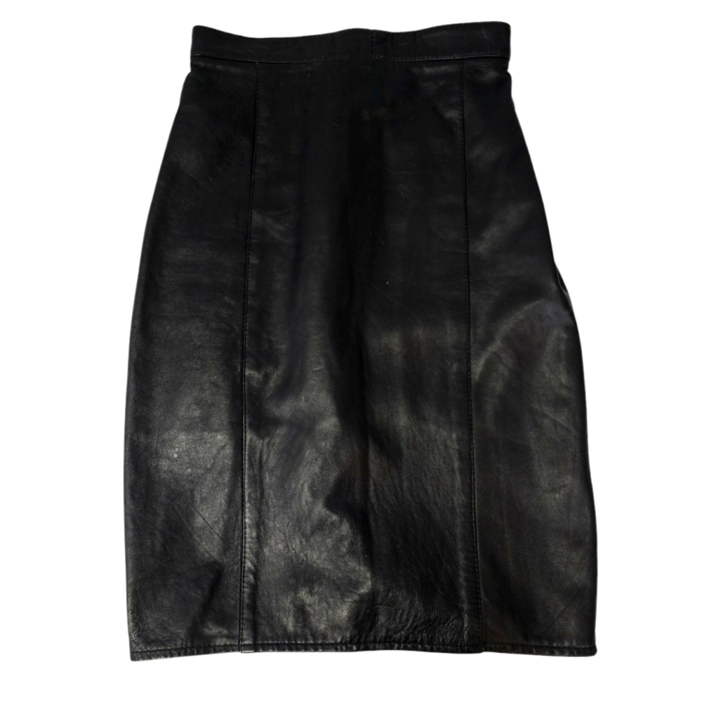 ViNTAGE 80s • SAVANNAH High Waist Black Leather Fitted Knee Skirt Retro Goth 5/6